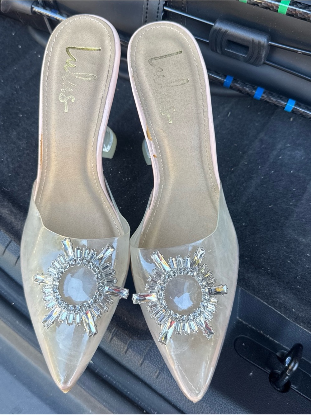 Lulu's Nude Patent Pointed-Toe Jewel Medallion Mules